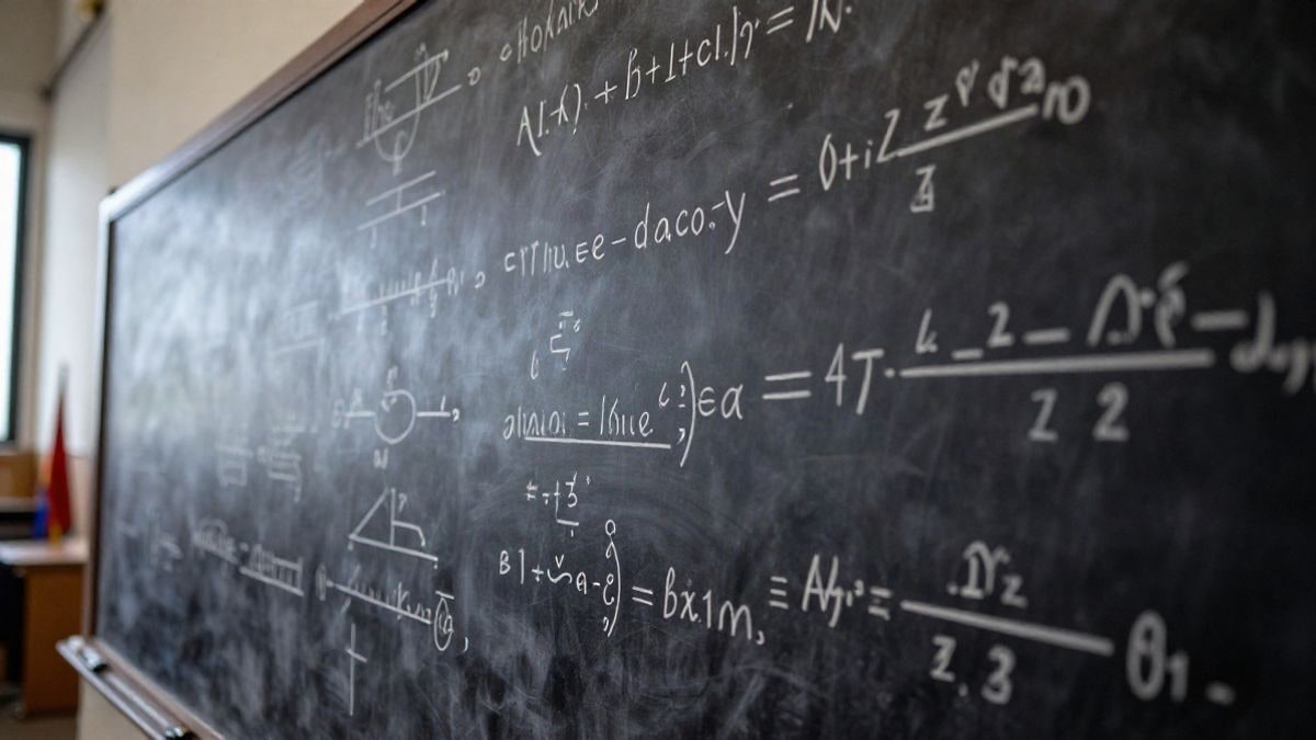 Imagen ilustrativa: pizarra con ecuaciones matemáticas y diagramas de partículas en un aula universitaria
