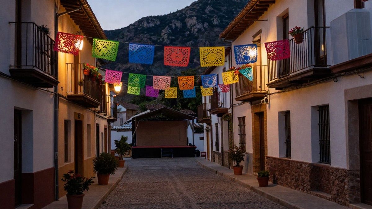 Imagen ilustrativa: calle de un pueblo andaluz engalanada con farolillos y flores para una feria local, con un escenario vacío al fondo.