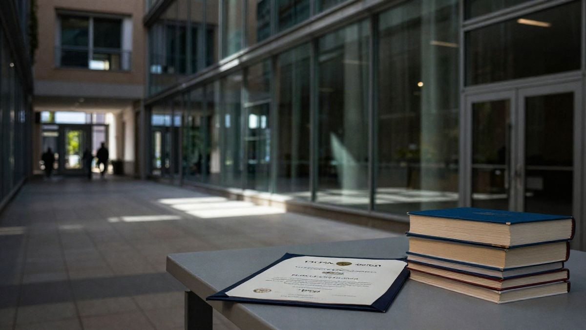Imagen ilustrativa: pasillo de un campus universitario moderno con luz natural y una mesa con diplomas y libros.
