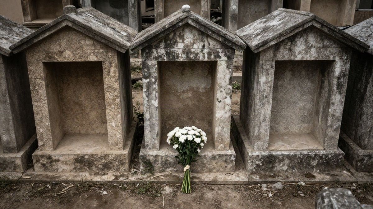 Imagen ilustrativa: vista cenital de nichos de piedra antiguos en un cementerio con flores blancas sobre la tierra