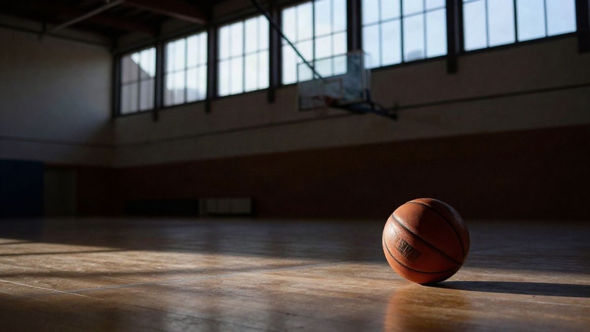 Imagen ilustrativa: un balón de baloncesto sobre el suelo de madera de un pabellón vacío al atardecer