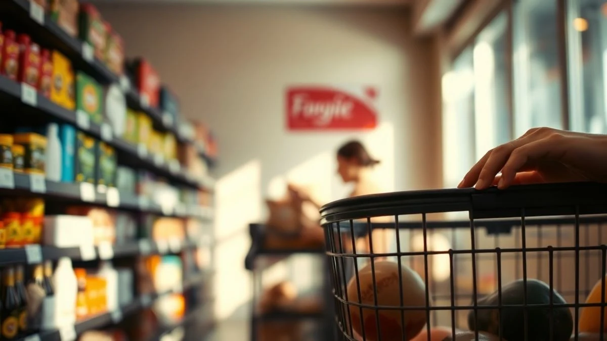 Imagen ilustrativa: manos sosteniendo una cesta de la compra con productos frescos y sin gluten en un supermercado.