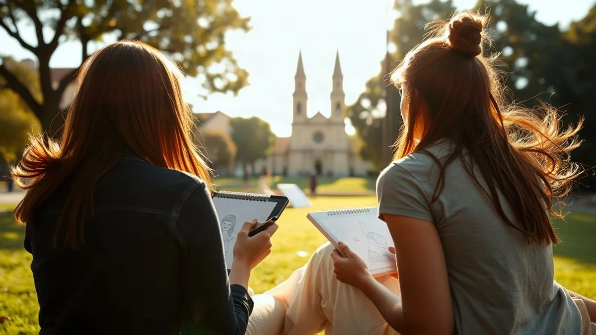 Imagen ilustrativa: niños de espaldas dibujando en un parque con una torre de iglesia al fondo
