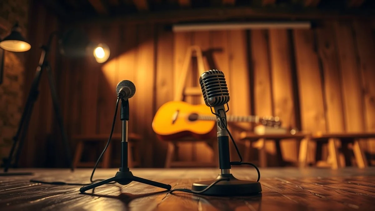 Imagen ilustrativa: un micrófono sobre un escenario de madera con una guitarra desenfocada al fondo, iluminación cálida de tablao flamenco.