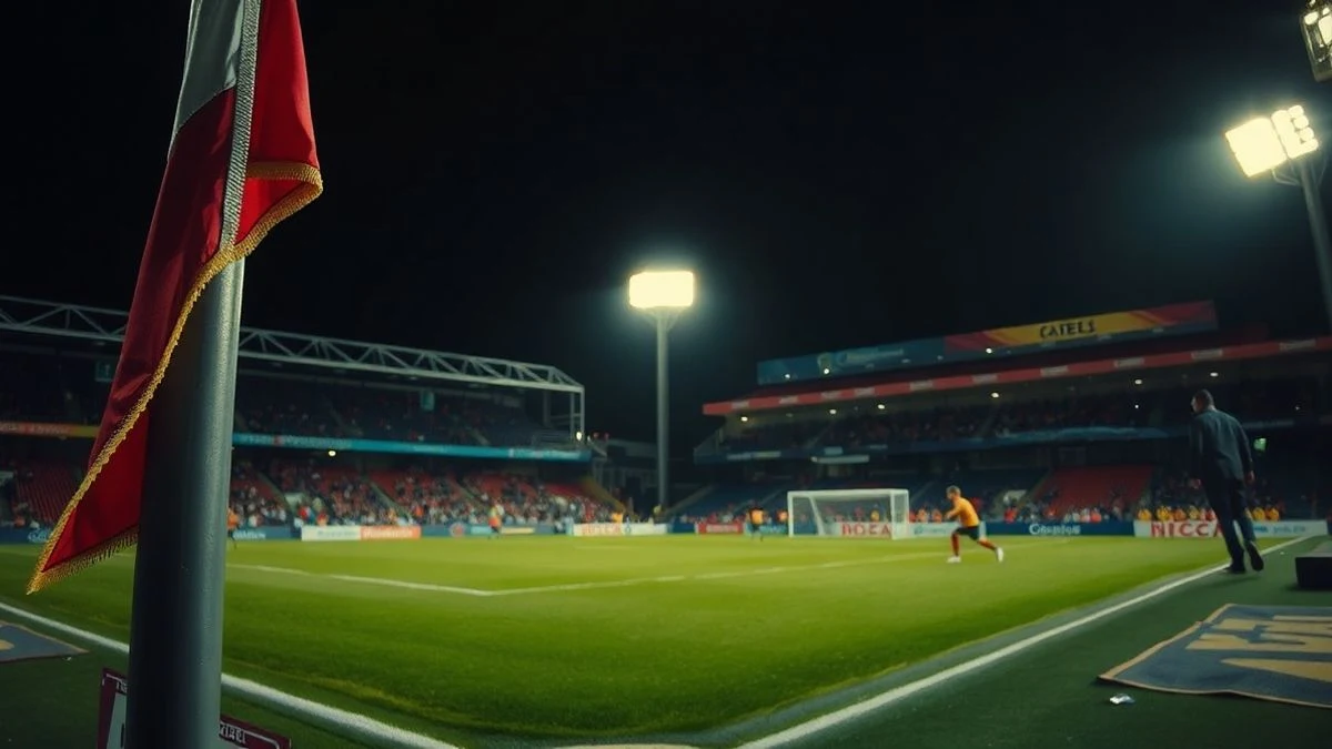 Estadio de fútbol iluminado de noche con un banderín de córner y la sombra de un futbolista