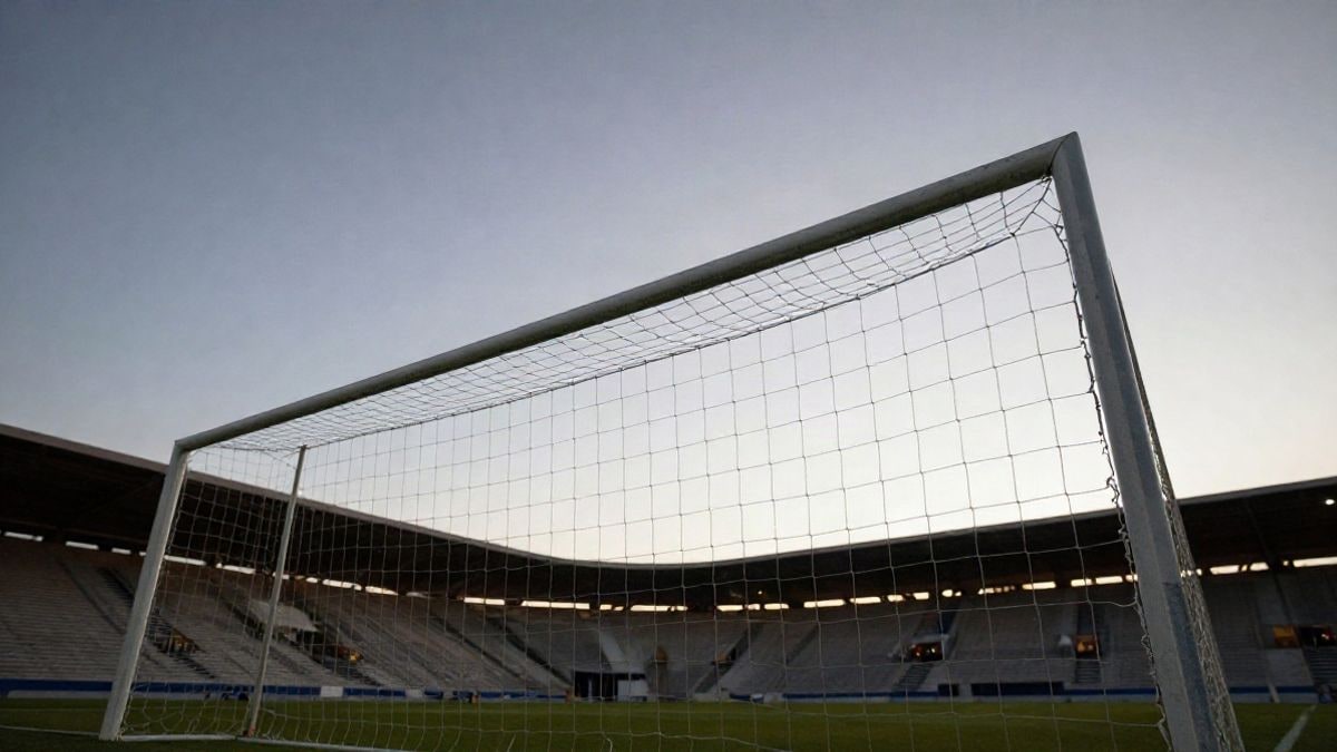 Imagen ilustrativa: vista a ras de césped de una portería de fútbol con la red y el cielo de fondo, en un estadio vacío.