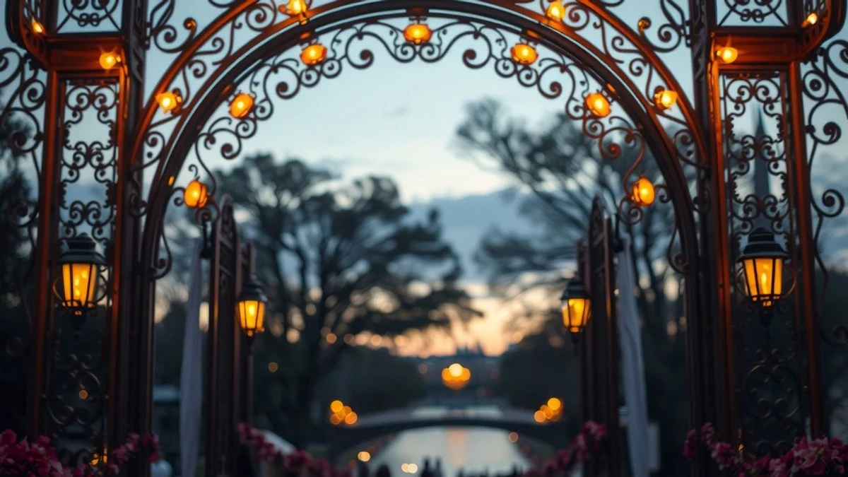 Imagen ilustrativa: primer plano de un arco metálico decorado con luces cálidas al atardecer, fondo desenfocado con árboles y un río.