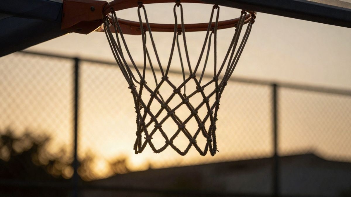 Imagen ilustrativa: red de una canasta de baloncesto vista desde abajo al atardecer