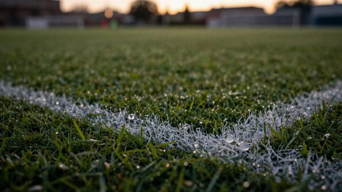 Imagen ilustrativa: detalle del césped y una línea blanca de un campo de fútbol al atardecer