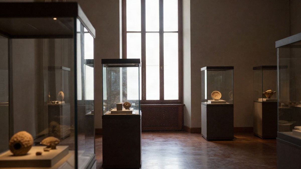 Imagen ilustrativa: sala de museo con vitrinas arqueológicas iluminada por luz lateral de ventana