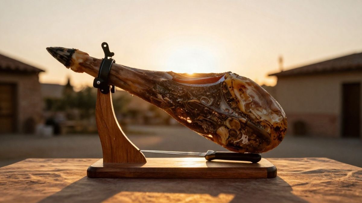 Imagen ilustrativa: una pata de jamón ibérico sobre un soporte de madera con un cuchillo de cortar, iluminada en contraluz al atardecer