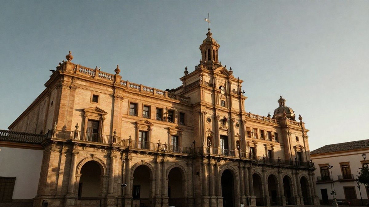 Imagen ilustrativa: un edificio consistorial español visto desde abajo con cielo de fondo