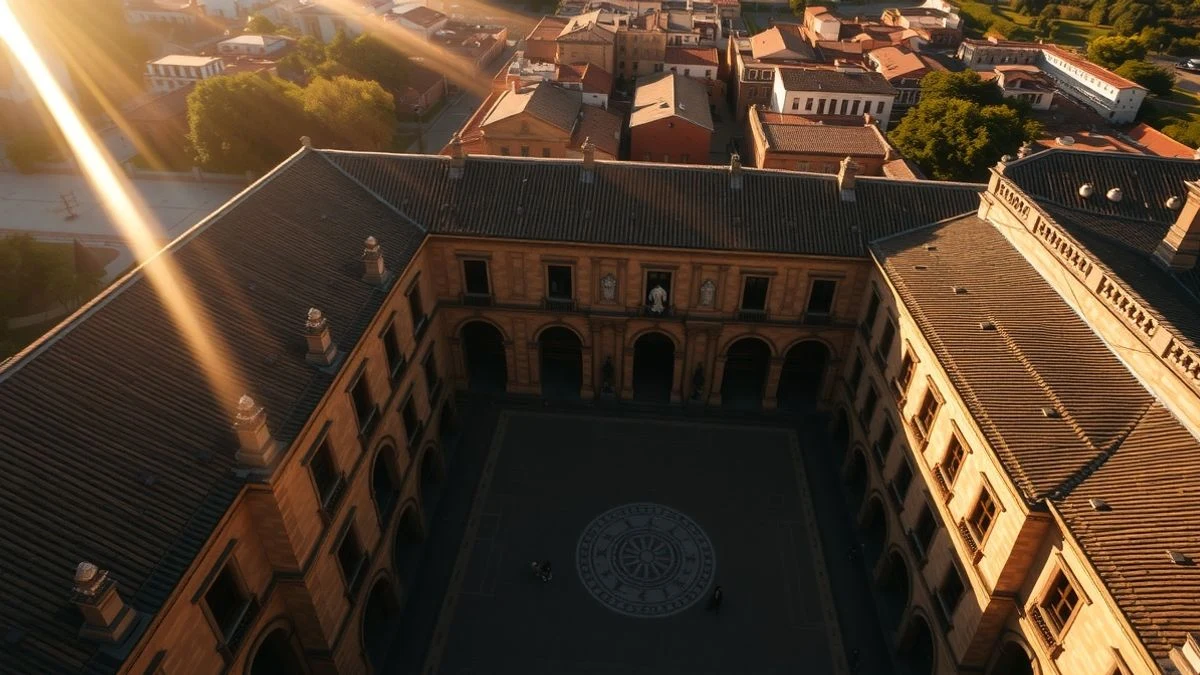 Imagen ilustrativa: vista cenital de un edificio histórico con patio, similar a una academia colonial.