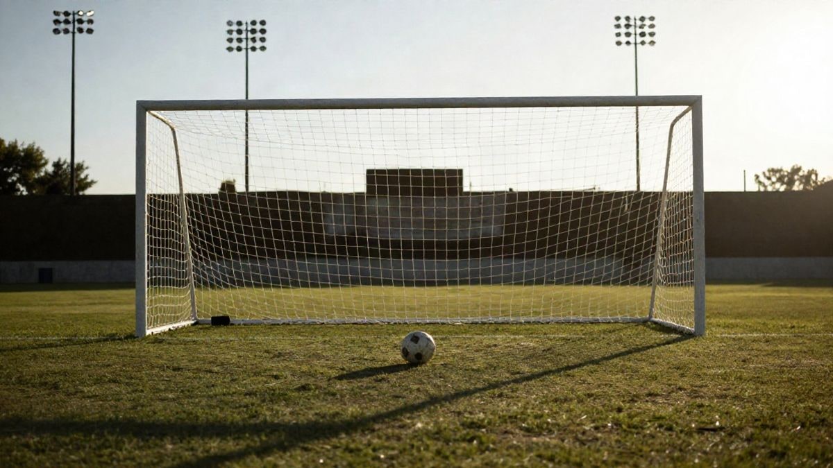 Imagen ilustrativa: una portería de fútbol con la red iluminada a contraluz al atardecer, con un balón junto a la línea de gol