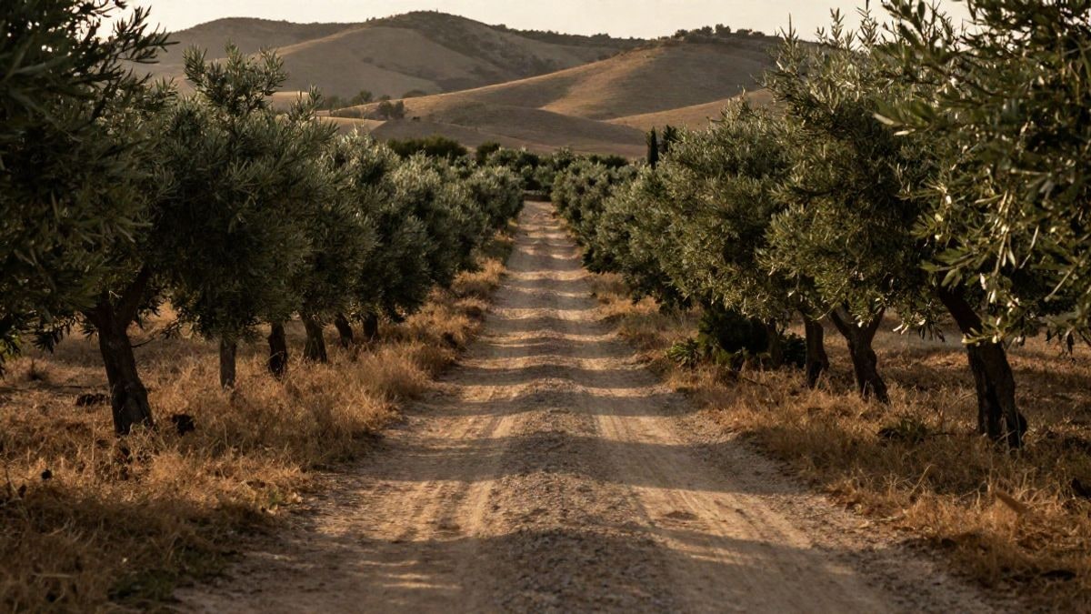Imagen ilustrativa: camino rural entre dehesas y olivares con líneas que convergen hacia colinas al atardecer