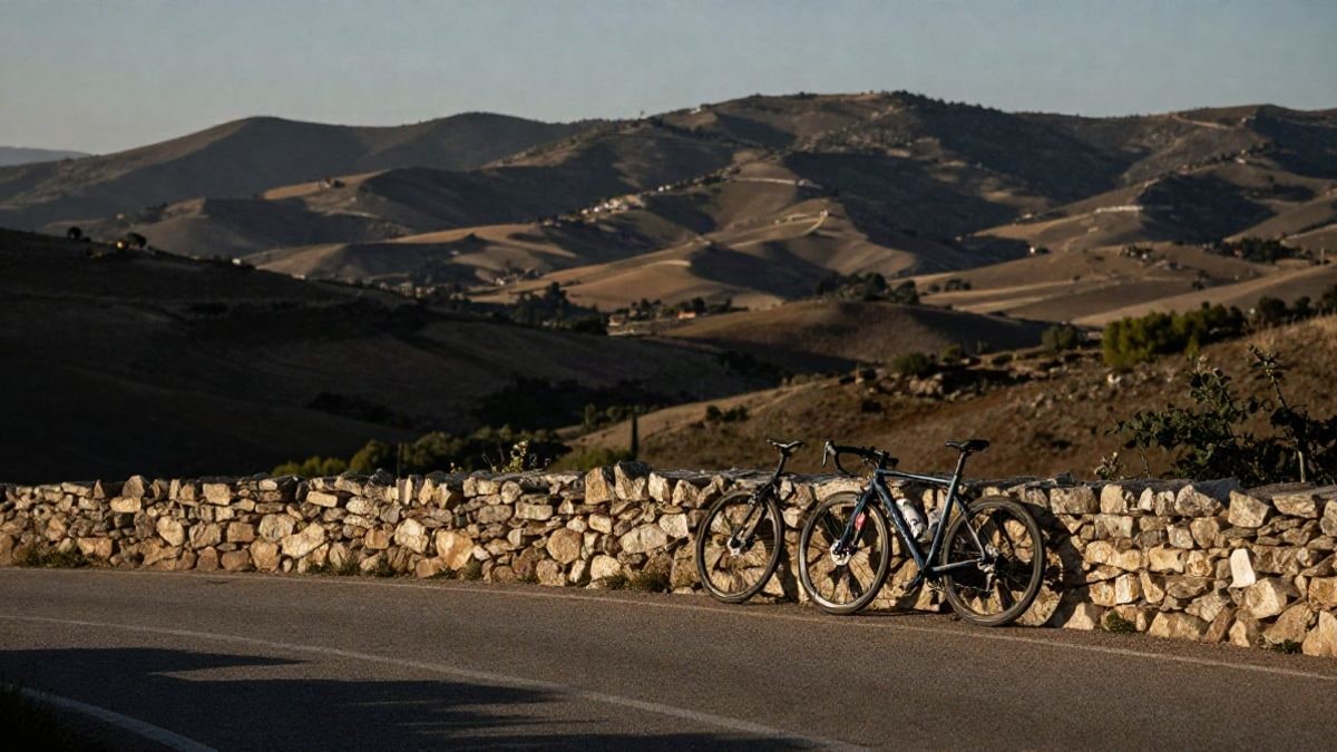 Imagen ilustrativa: bicicleta de carretera apoyada en un muro de piedra en una carretera de montaña al atardecer