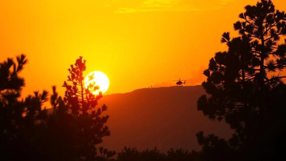 Imagen ilustrativa: incendio forestal al atardecer con siluetas de pinos y humo en el horizonte.