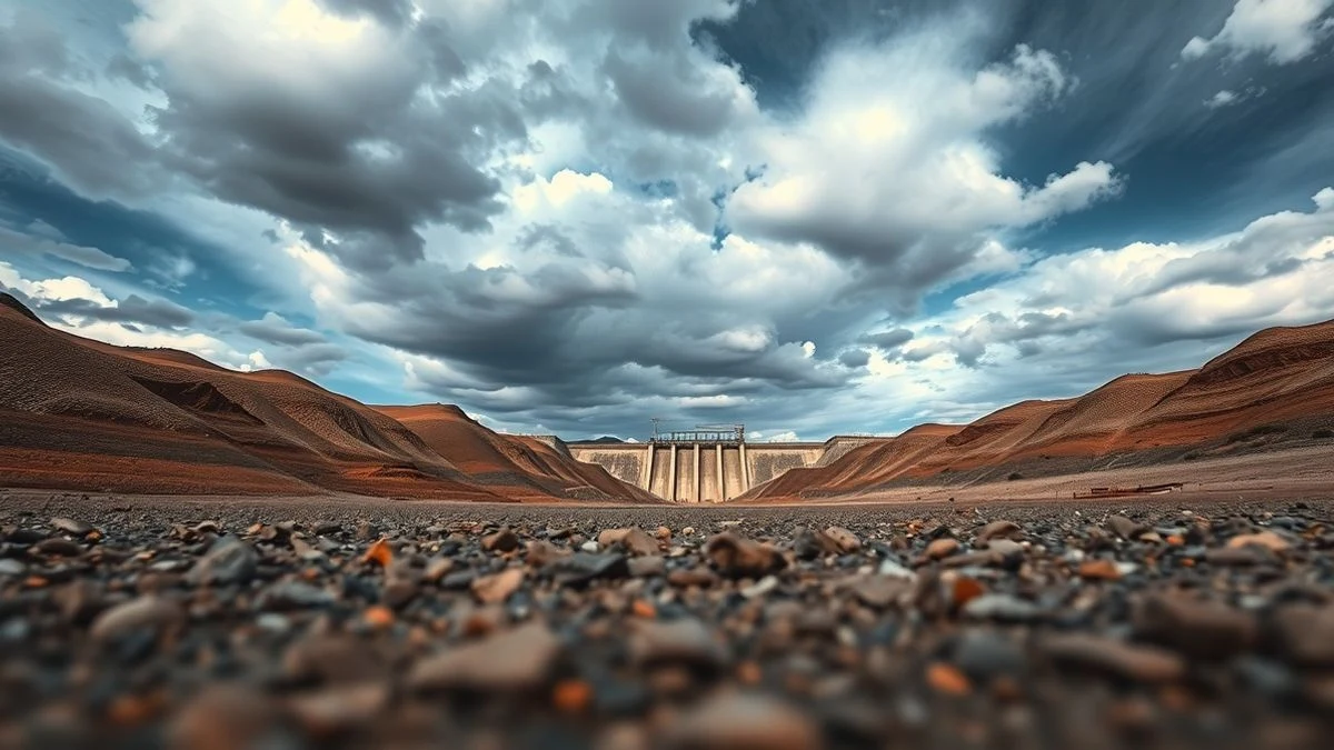Imagen ilustrativa: un lecho de río seco con una obra de presa al fondo bajo un cielo nublado y luz de atardecer