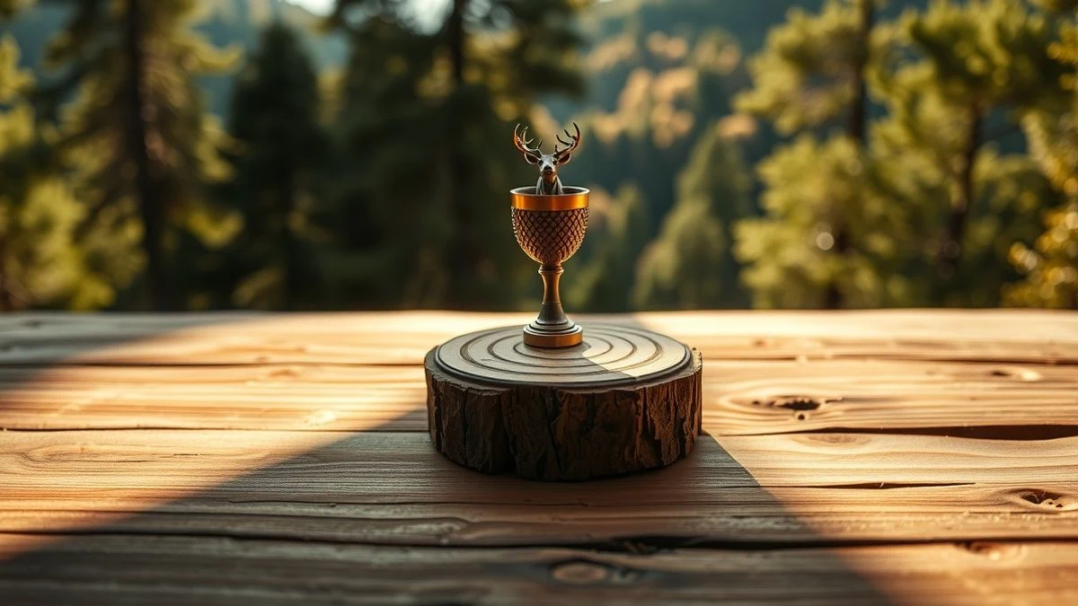 Imagen ilustrativa: primer plano de un trofeo de caza sobre una mesa de madera con luz de atardecer y fondo de monte desenfocado