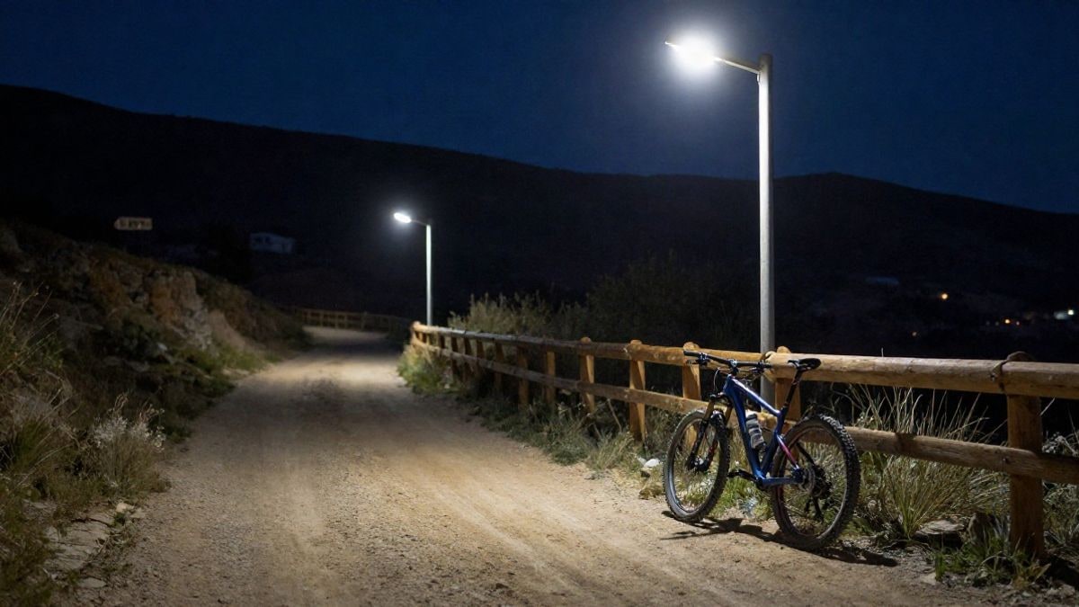 Imagen ilustrativa: bicicleta de montaña apoyada en una valla bajo una farola en un entorno rural nocturno