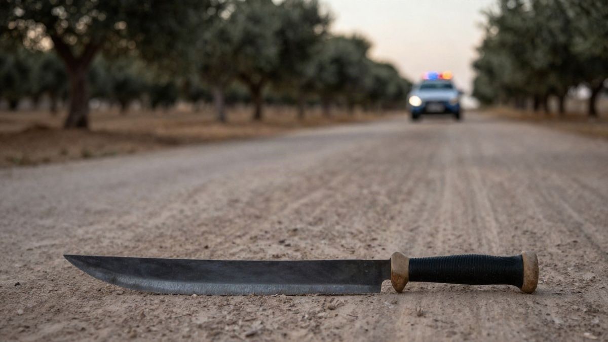 Imagen ilustrativa: un machete sobre una carretera rural polvorienta, con olivos y un coche policial al fondo desenfocado.