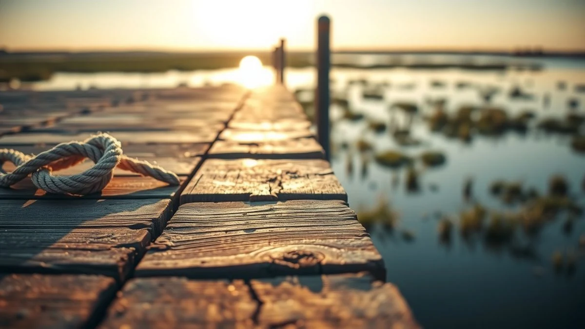 Imagen ilustrativa: detalle de tablones de madera de un muelle con una cuerda, al atardecer, junto a un río y marisma de fondo.