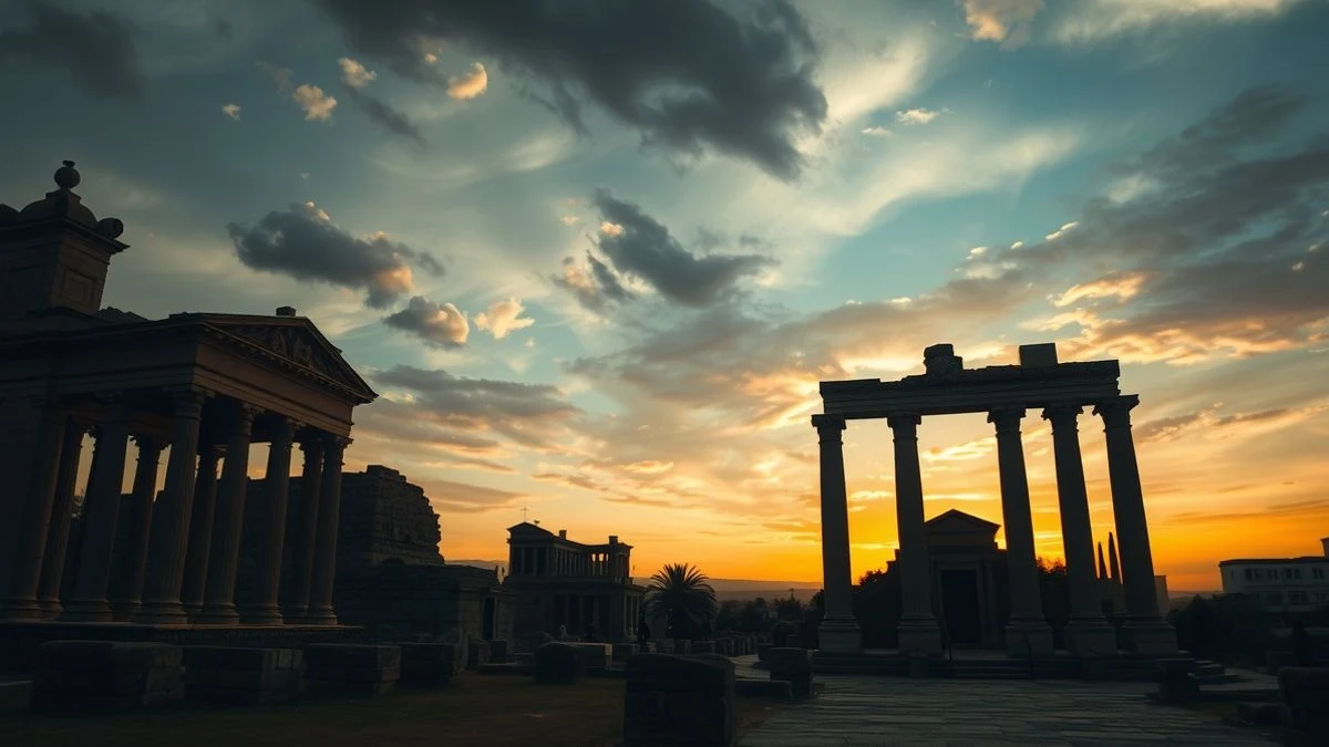 Ruinas romanas de Arucci Turobriga al atardecer con figuras ataviadas con túnicas