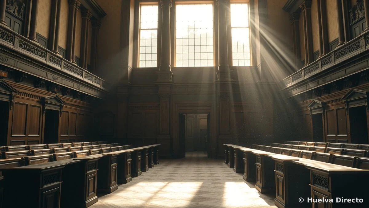 Interior vacío de un hemiciclo parlamentario con luz de ventanas laterales