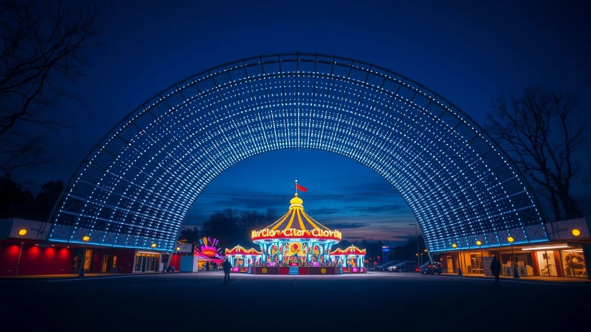 Imagen ilustrativa: un gran arco iluminado con miles de luces LED al atardecer, con profundidad de campo y ambiente festivo.