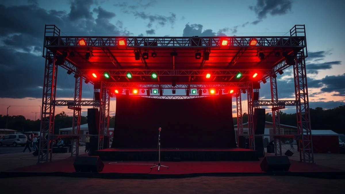 Imagen ilustrativa: escenario vacío al atardecer con luces de colores y equipo de sonido, preparado para un concierto al aire libre en una ciudad.