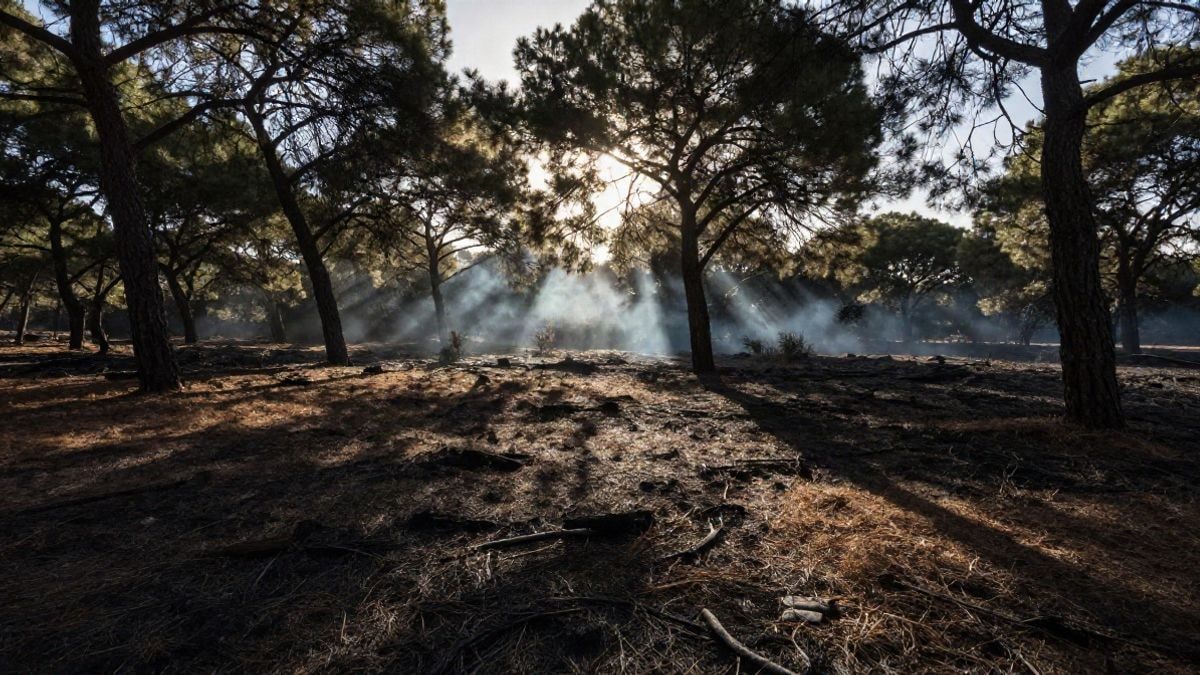 Imagen ilustrativa: contraluz al atardecer en un bosque mediterráneo seco con sombras largas sobre terreno quemado