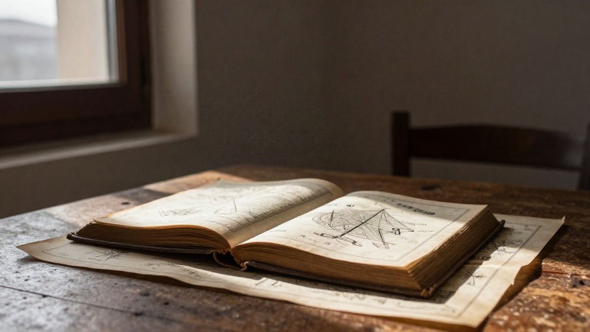 Imagen ilustrativa: mesa de madera con un libro antiguo y cartas náuticas junto a una ventana con luz lateral