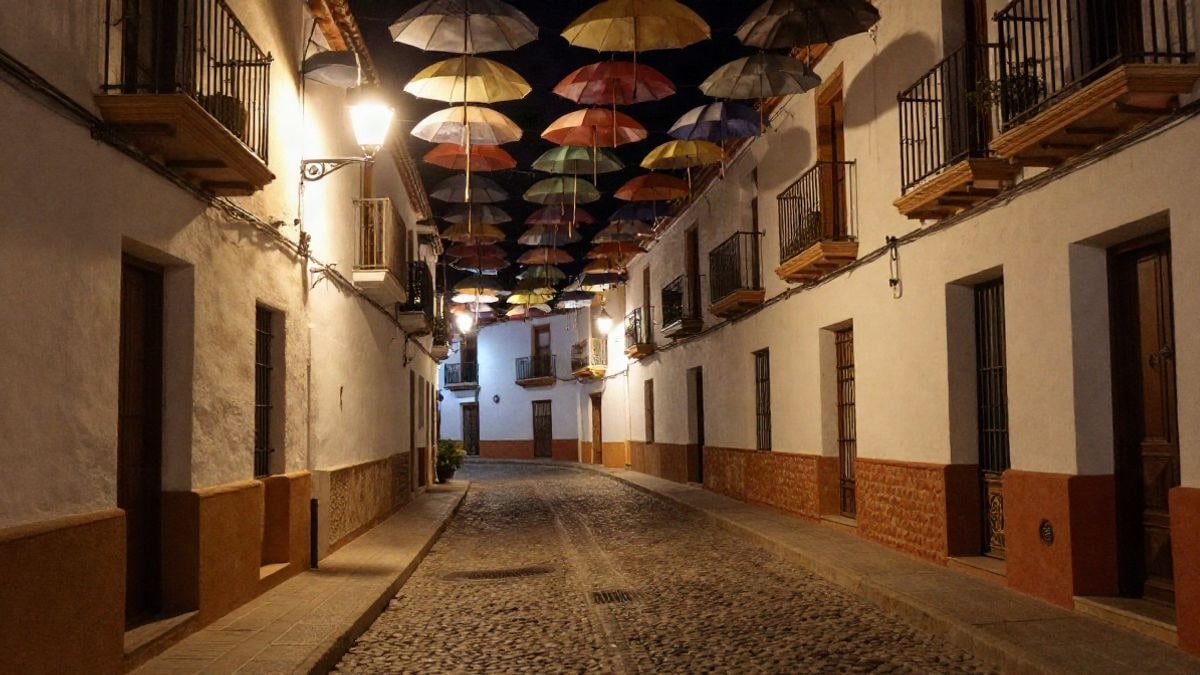 Imagen ilustrativa: calle de un pueblo blanco andaluz con paraguas de colores suspendidos e iluminación nocturna