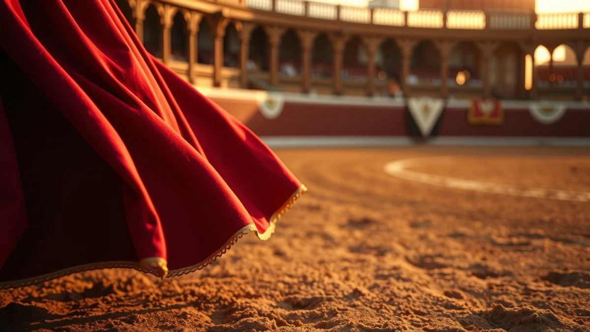 Imagen ilustrativa: un capote de brega rojo sobre la arena del ruedo, con una banderilla clavada y la barrera de madera desenfocada al fondo, al atardecer.