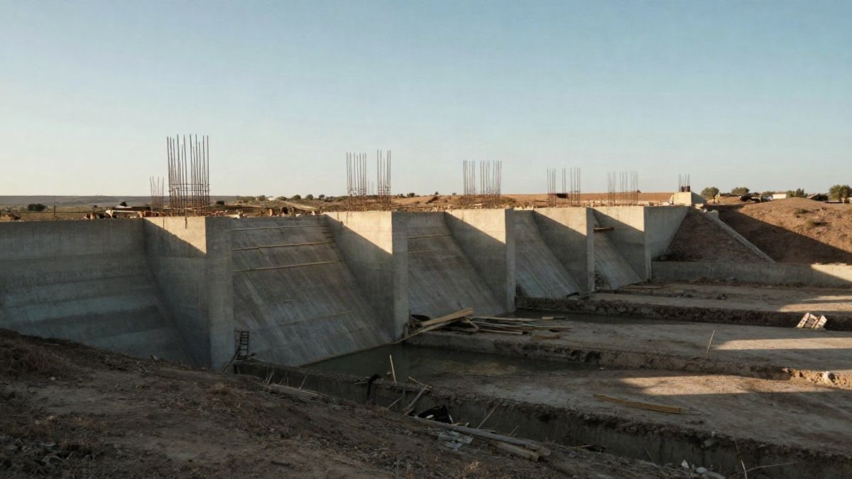 Imagen ilustrativa: gran presa de hormigón inacabada en un paisaje rural español, con estructura expuesta y cielo amplio al atardecer
