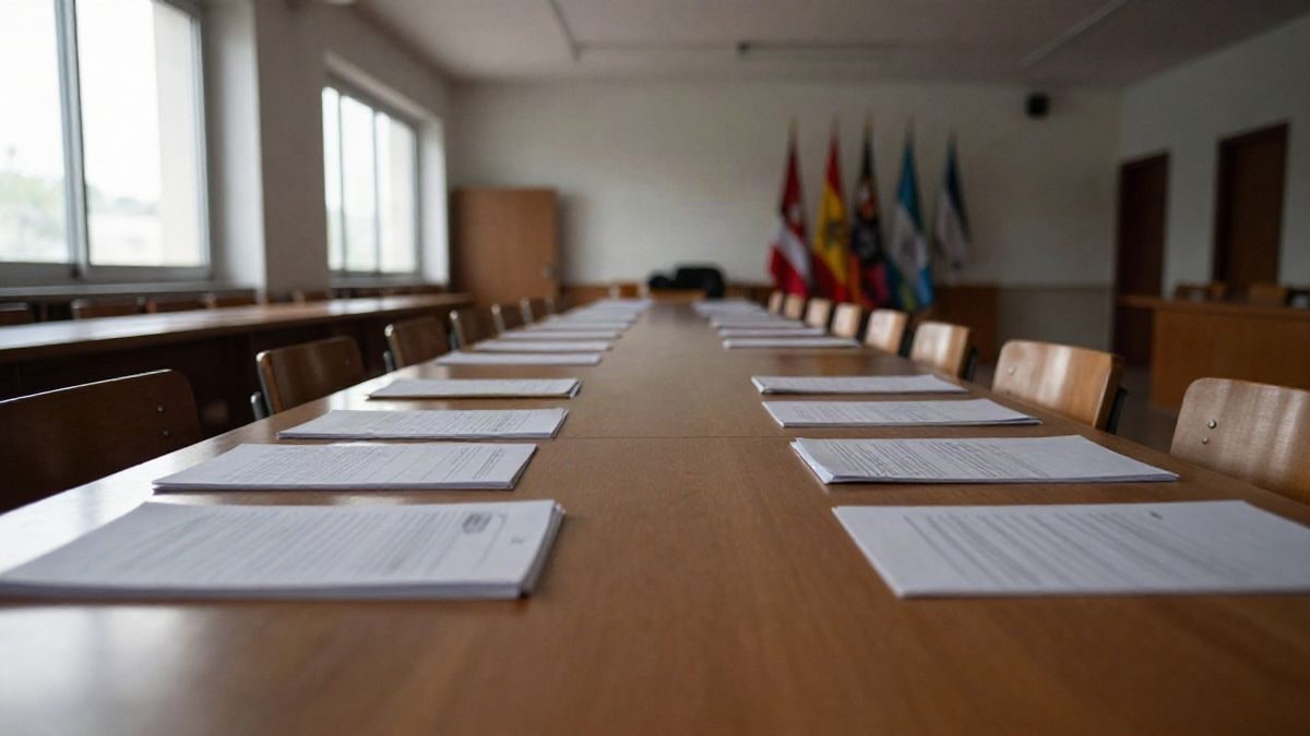 Imagen ilustrativa: ángulo bajo de una sala de reuniones institucional vacía con una gran mesa de madera y sillas