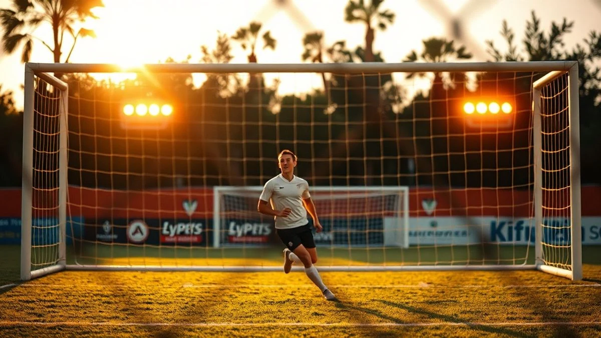 Portería de fútbol vacía al atardecer, con la red y el césped verde.