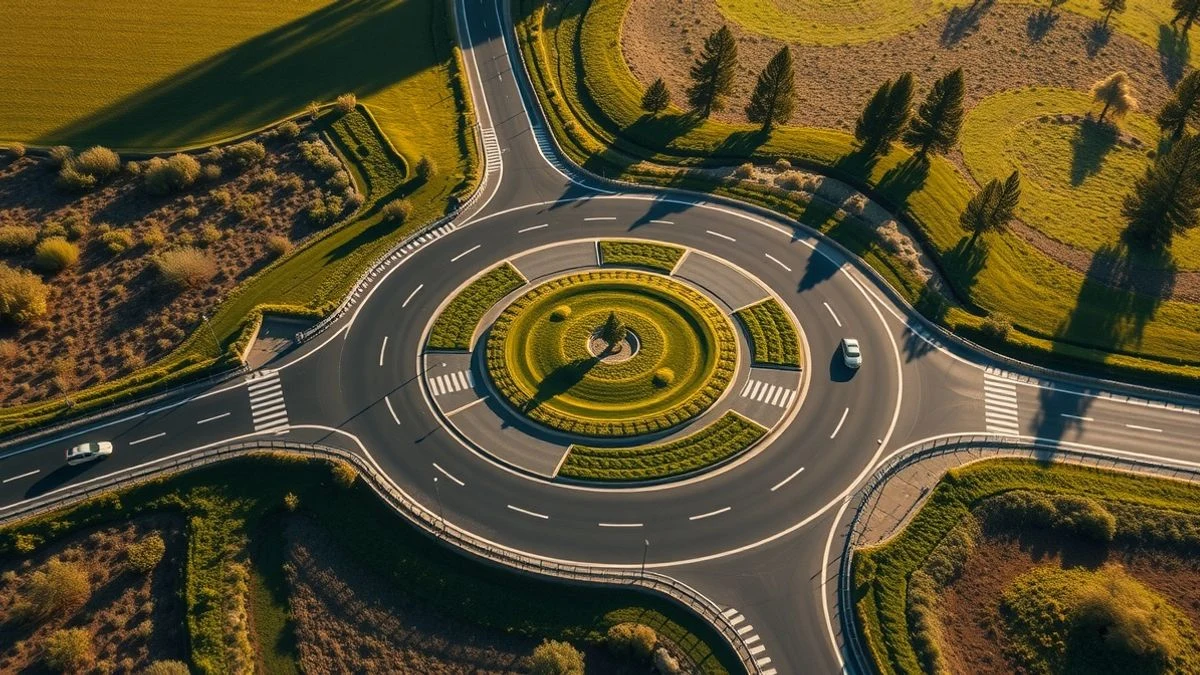 Imagen ilustrativa: vista aérea de una glorieta recién construida en una carretera rural con campos de cultivo alrededor, al atardecer.