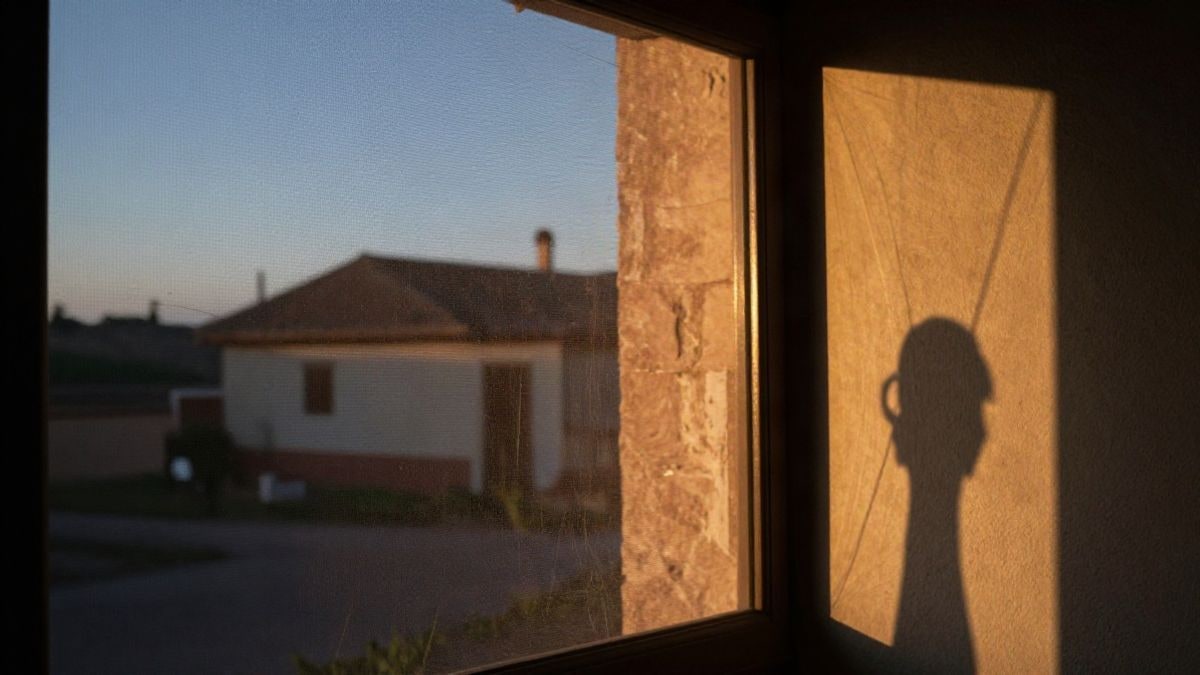 Imagen ilustrativa: mosquitera en una ventana al atardecer con luz cálida y sombras alargadas
