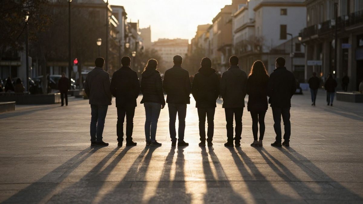 Imagen ilustrativa: siluetas de personas en una plaza al atardecer con sombras alargadas