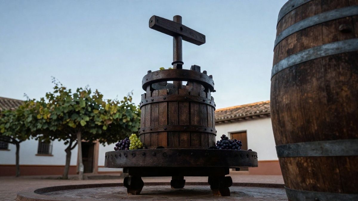 Imagen ilustrativa: prensa de madera y racimos de uva en un patio tradicional al atardecer