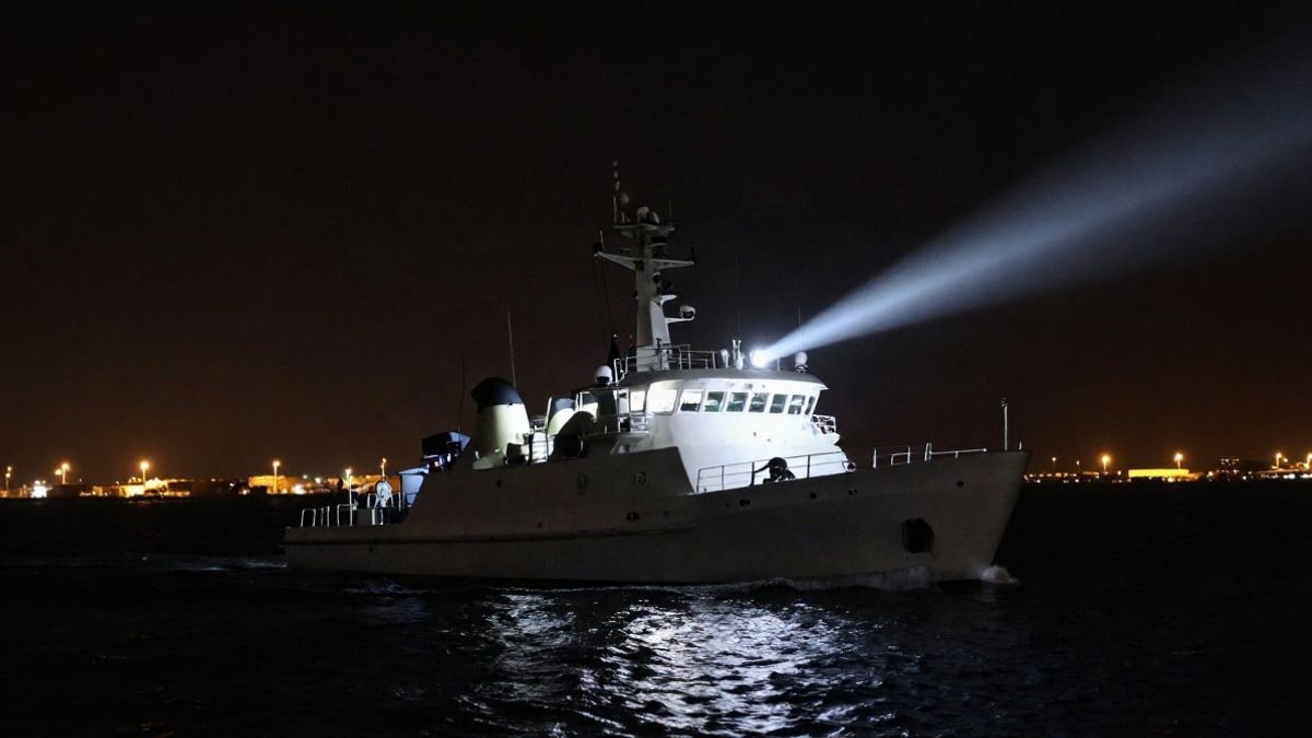 Imagen ilustrativa: una embarcación de patrulla marítima con foco encendido navegando de noche en aguas oscuras