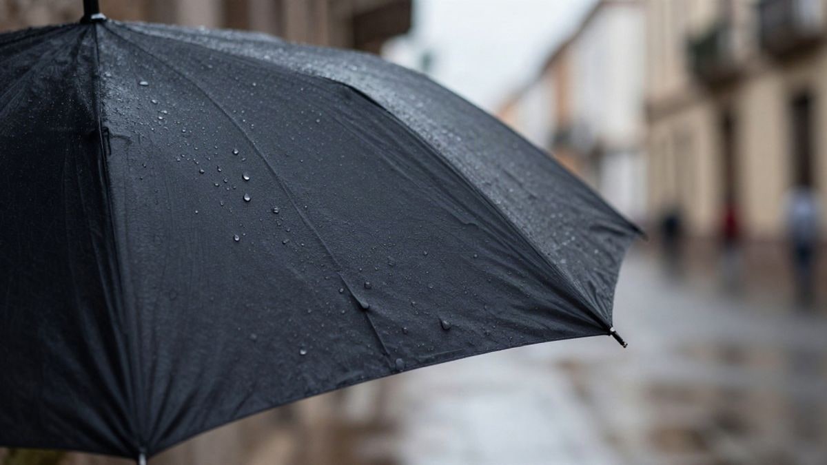 Imagen ilustrativa: primer plano de un paraguas mojado apoyado en una pared con gotas de lluvia