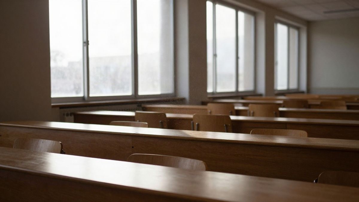 Imagen ilustrativa: aula universitaria vacía con luz de ventana lateral