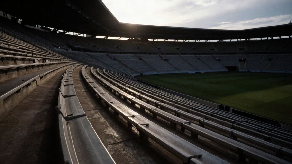 Imagen ilustrativa: hileras de gradas vacías de un estadio de fútbol con líneas que convergen al atardecer