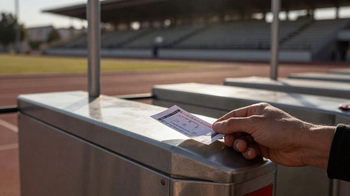 Imagen ilustrativa: primer plano de un torno de acceso a un estadio con una entrada de papel