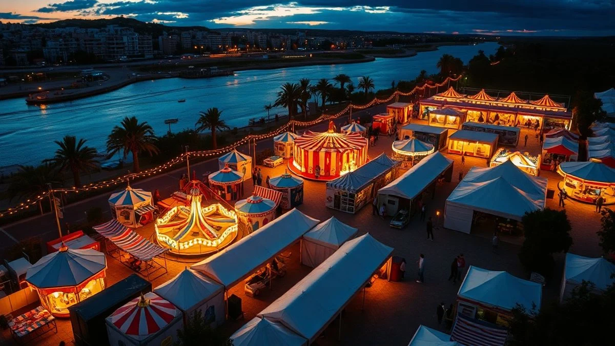 Imagen ilustrativa: vista aérea de un recinto ferial iluminado al anochecer, con casetas y atracciones y un río al fondo