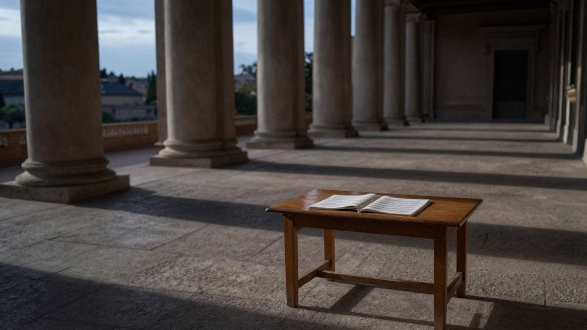 Imagen ilustrativa: mesa de madera junto a una ventana al atardecer, con una partitura en blanco y sombras de columnas
