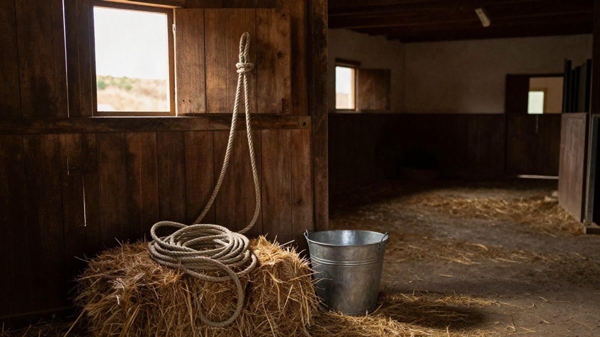 Imagen ilustrativa: interior de un establo rústico con luz lateral de ventana, una cuerda y un cubo sobre paja seca
