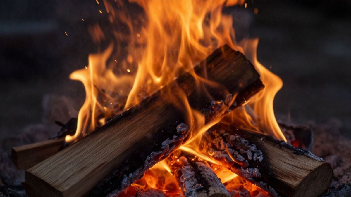 Imagen ilustrativa: primer plano de brasas y troncos ardiendo en una hoguera nocturna